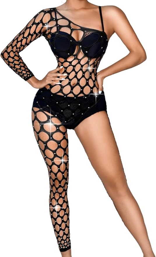 Kaei&Shi Rhinestone Fishnet Bodysuit,One Shoulder Sheer Mesh Jumpsuit,Exotic Dancewear,Sexy Glitter Rave Outfits For Women