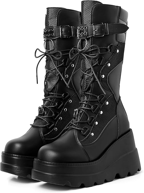 Holographic Platform Mid Calf Combat Boots Lace Up Wedge Heel Studded Goth Knee High Boots