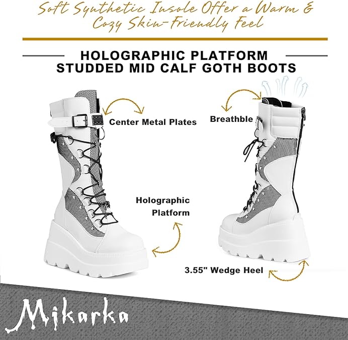 Holographic Platform Mid Calf Combat Boots Lace Up Wedge Heel Studded Goth Knee High Boots