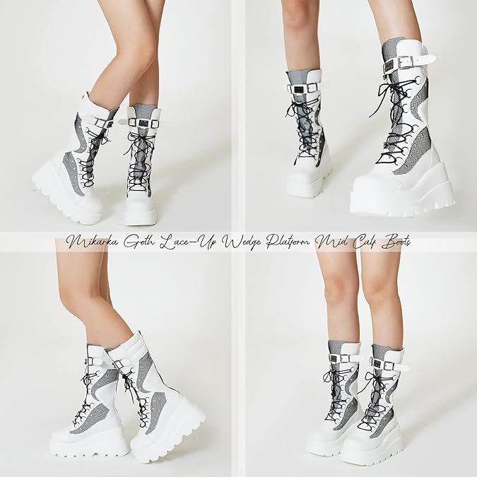 Holographic Platform Mid Calf Combat Boots Lace Up Wedge Heel Studded Goth Knee High Boots