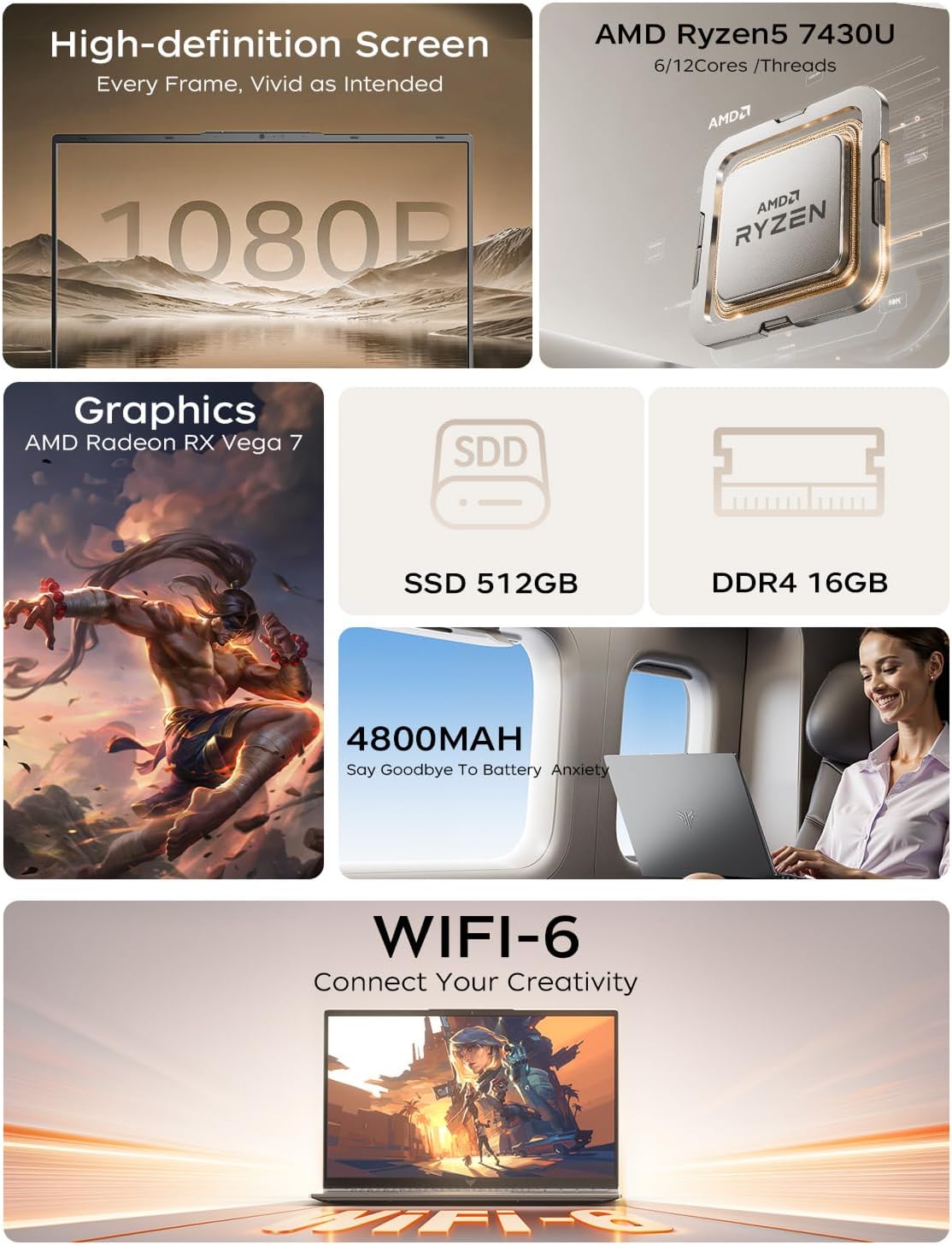 2025 Laptop with AMD Ryzen 7430U Processor(Up to 4.3G,Beat i5-1335U),AMD Radeon Graphics,16GB DDR4 512GB NVMe SSD, Wi-Fi 6,Type-C,,Webcam,15.6" Full HD IPS Display Portable Windows 11 Laptop Computer