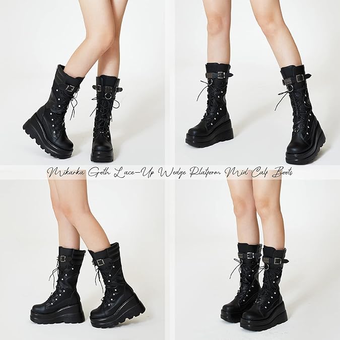 Holographic Platform Mid Calf Combat Boots Lace Up Wedge Heel Studded Goth Knee High Boots